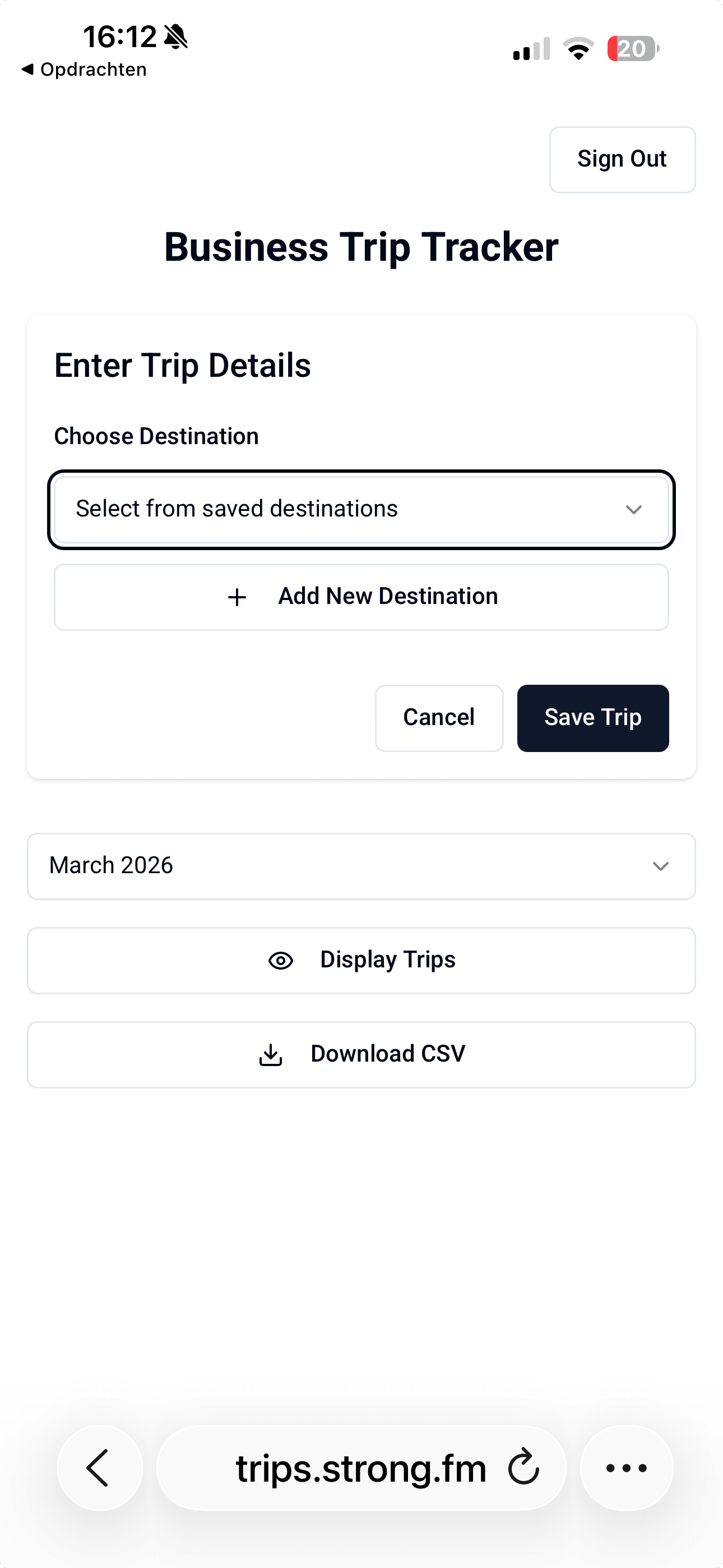 Trips entry form screen