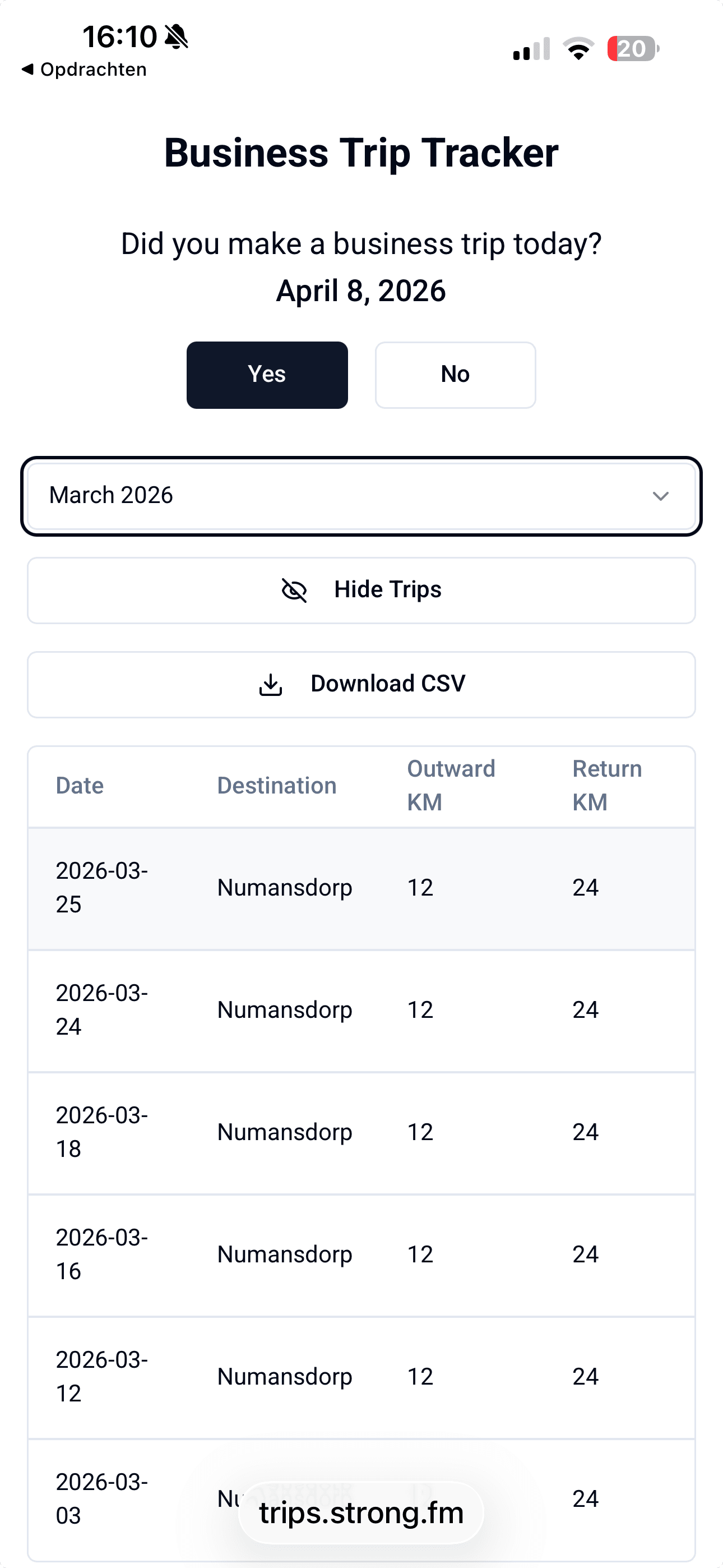 Trips overview screen
