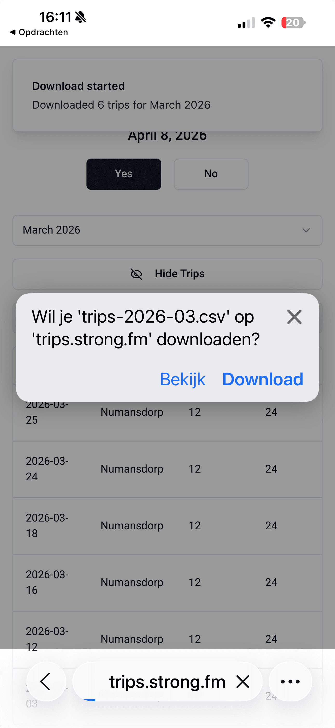 Trips export screen